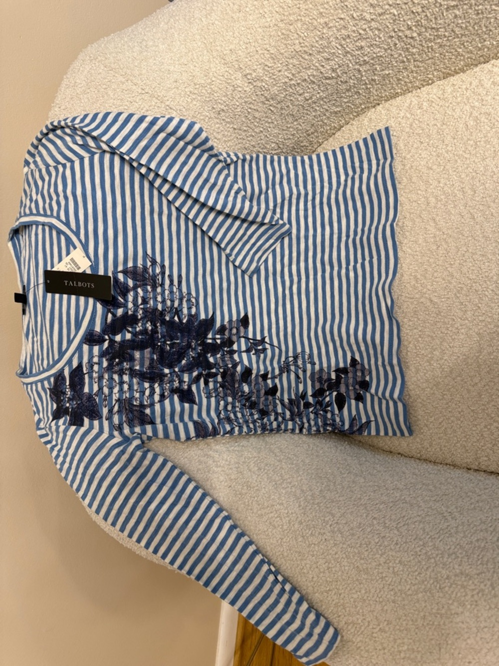 Talbots Blue & White Striped Top with Navy Floral Embroidery